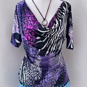 MSK Zebra Cowl Neck Sequin Beaded Top
